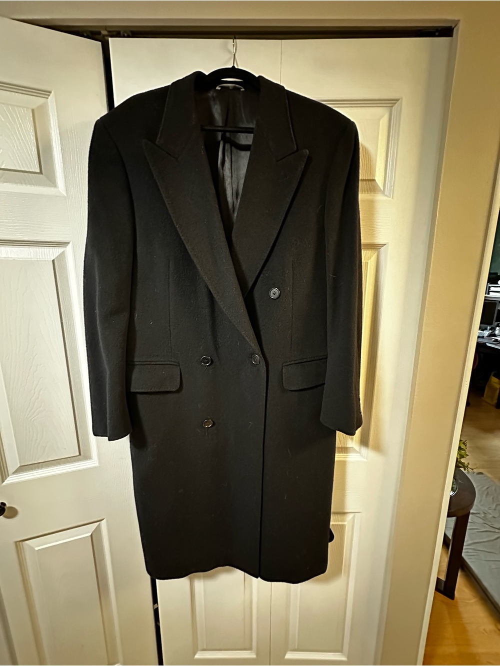 Men'sWoman Black Double-Breasted Wool-Blend Overcoat Blazer